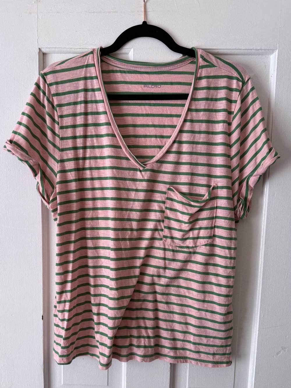 Pilcro Pink & Green Striped V-Neck Pocket Tee